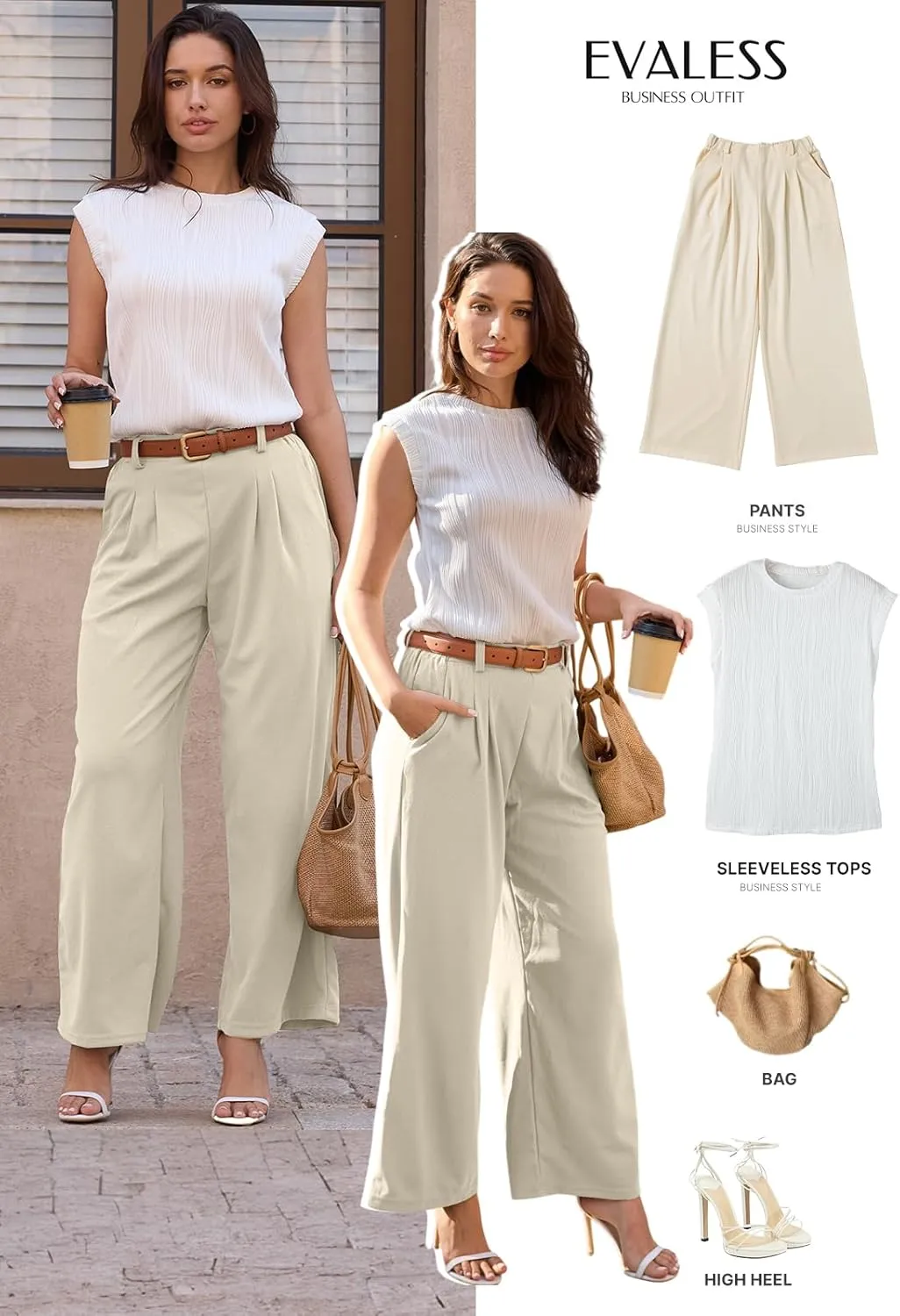 EVALESS Women's Wide Leg Pants Elastic High Waisted Waffle Knit Casual Palazzo Pants Trousers with Pockets