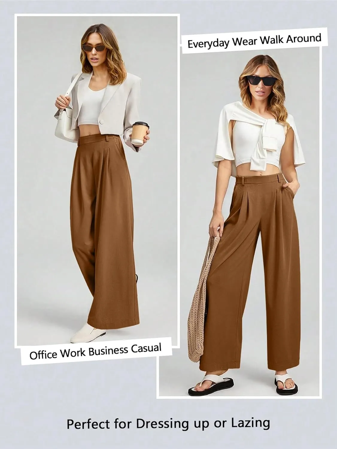 EVALESS Women's Wide Leg Pants Elastic High Waisted Waffle Knit Casual Palazzo Pants Trousers with Pockets