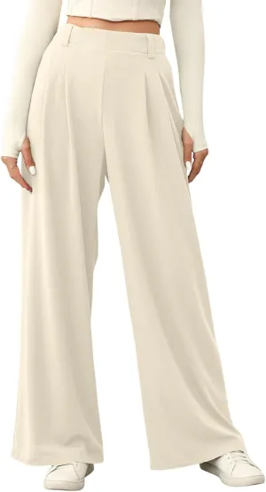 EVALESS Women's Wide Leg Pants Elastic High Waisted Waffle Knit Casual Palazzo Pants Trousers with Pockets