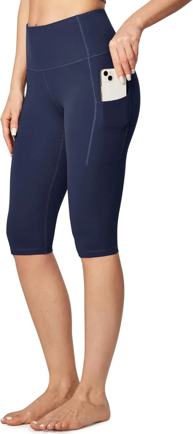Ewedoos Knee Length Leggings with Pockets Capri Pants for Women High Waist Yoga Pants for Casual Summer Yoga Workout