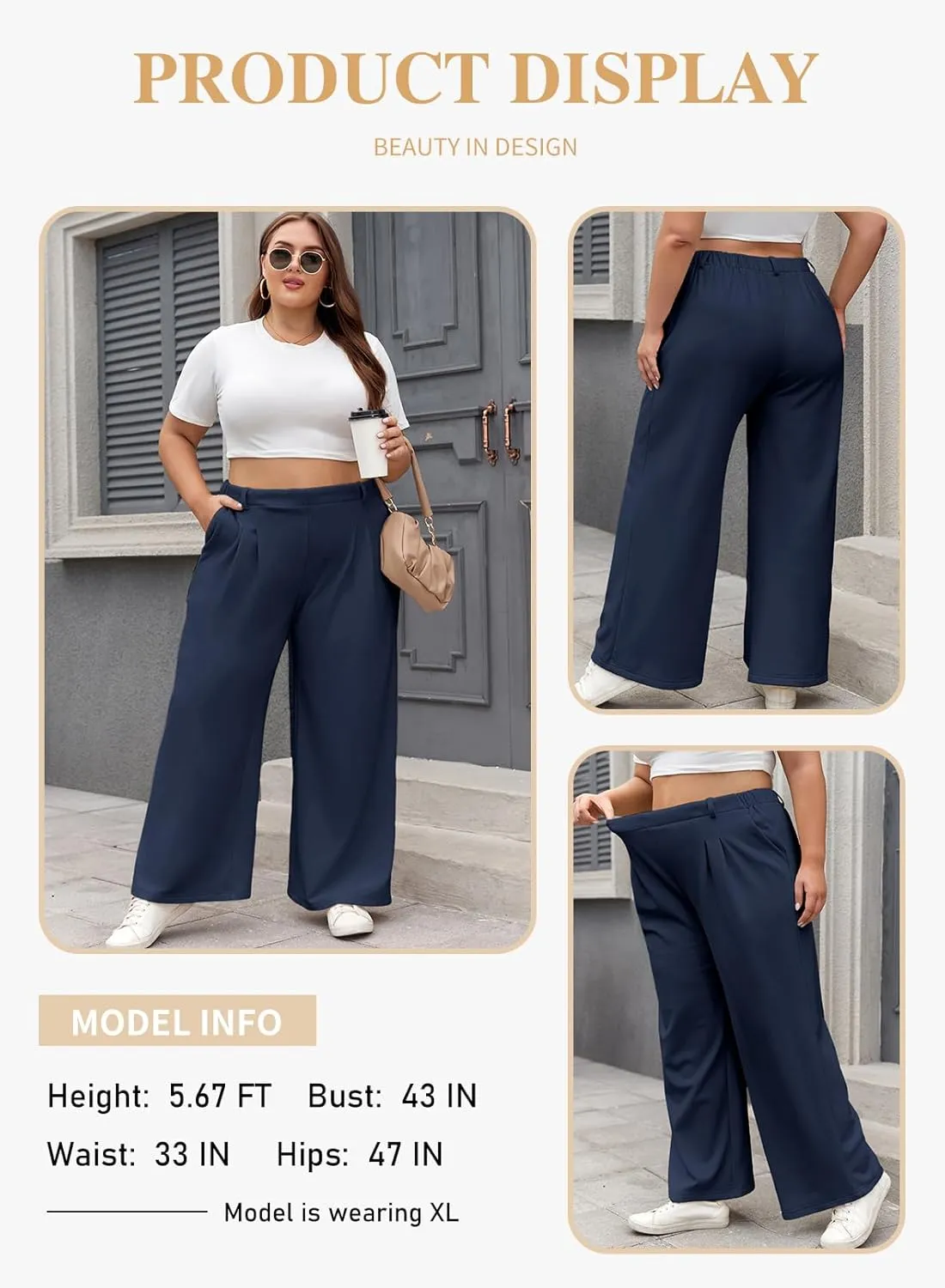 Eytino Womens Plus Size Wide Leg Dress Pants Elastic High Waisted Casual Waffle Palazzo Pants Trousers with Pockets(1X-5X)