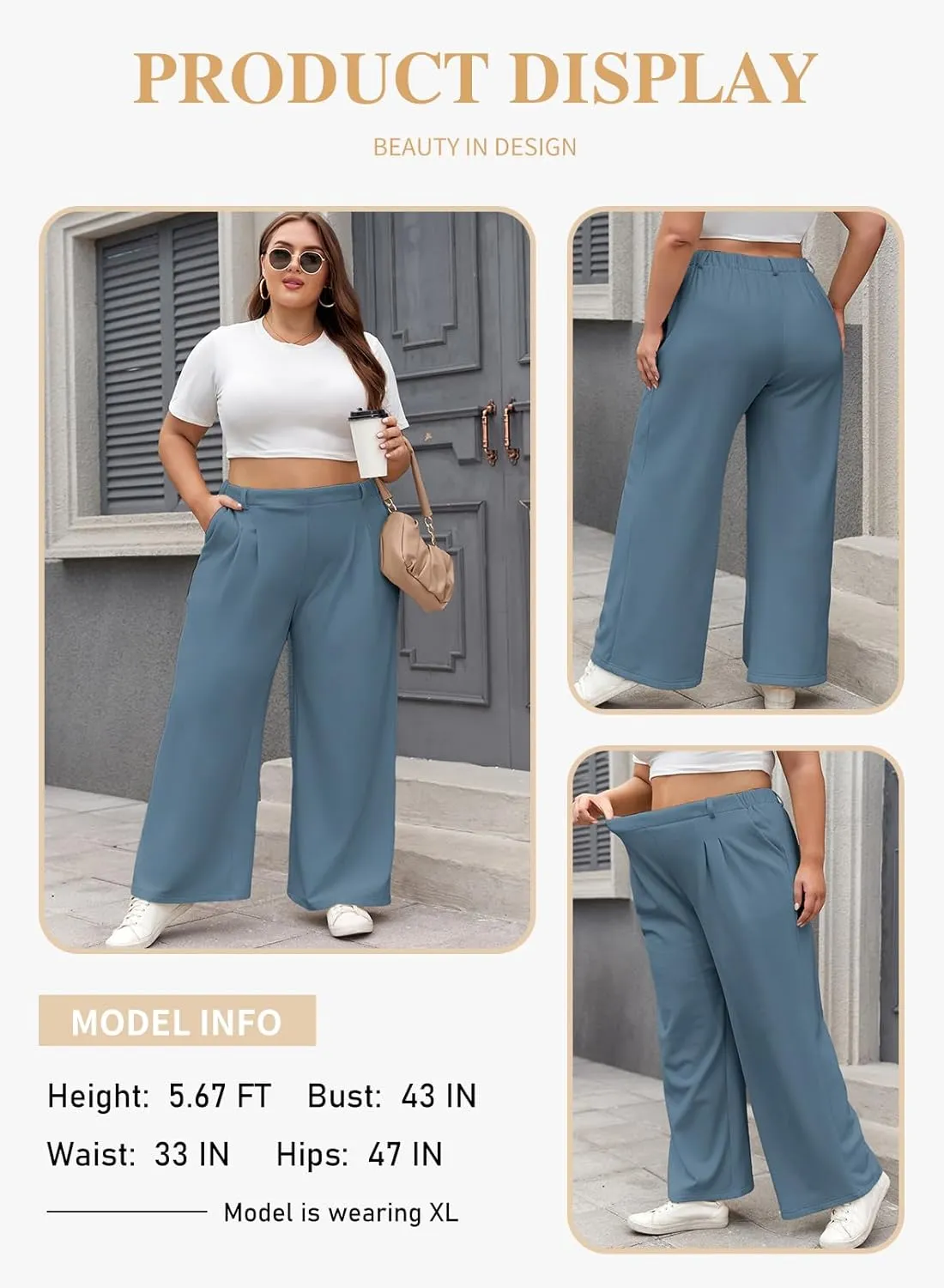 Eytino Womens Plus Size Wide Leg Dress Pants Elastic High Waisted Casual Waffle Palazzo Pants Trousers with Pockets(1X-5X)