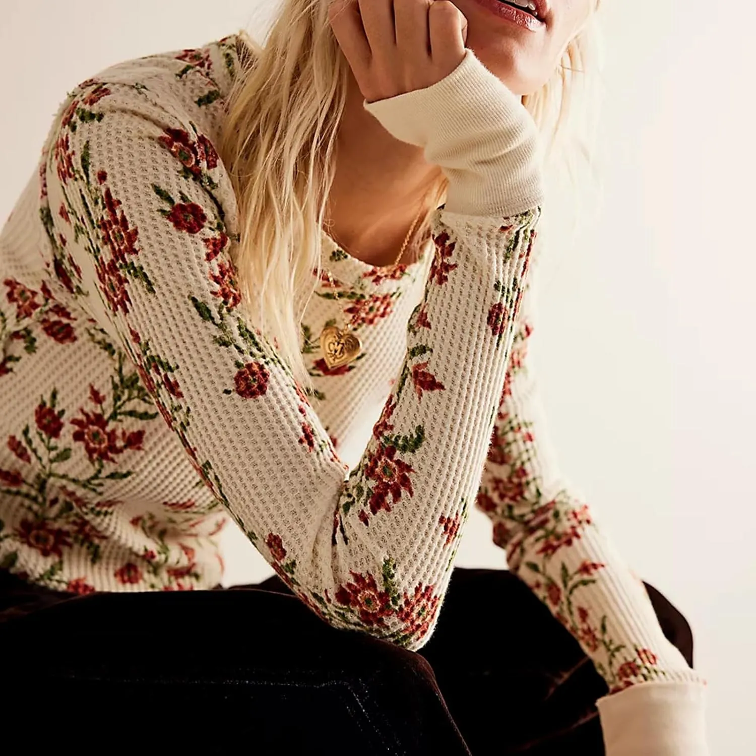 Fairy Grunge Shirts for Women Long Sleeve Floral Print Waffle Ribbed Knit Top Y2k Slim Fit Cute Crewneck Streetwear