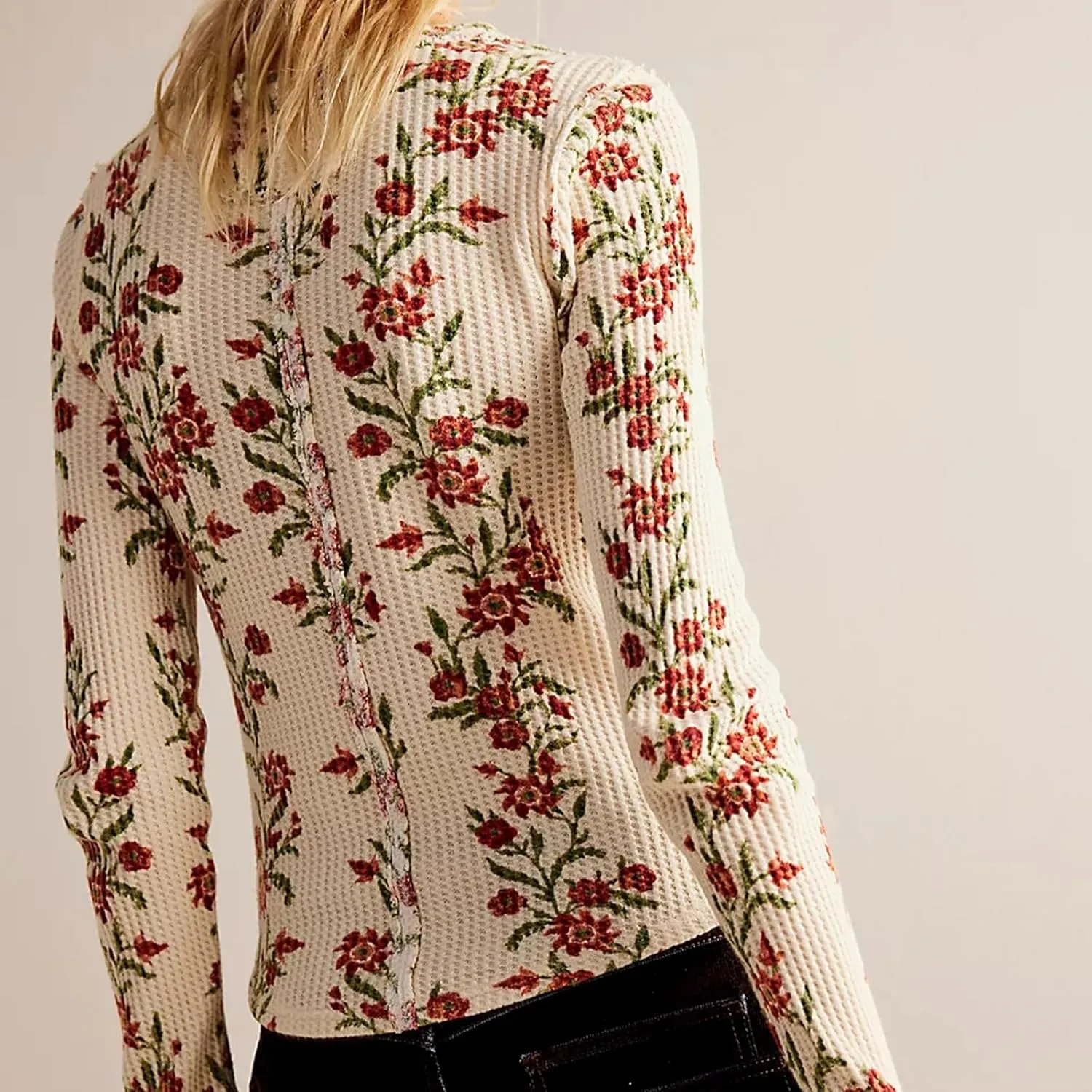Fairy Grunge Shirts for Women Long Sleeve Floral Print Waffle Ribbed Knit Top Y2k Slim Fit Cute Crewneck Streetwear