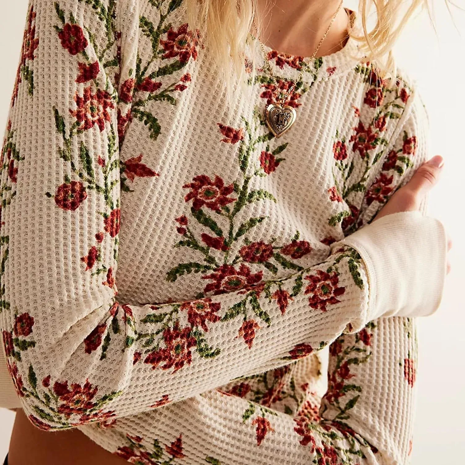 Fairy Grunge Shirts for Women Long Sleeve Floral Print Waffle Ribbed Knit Top Y2k Slim Fit Cute Crewneck Streetwear