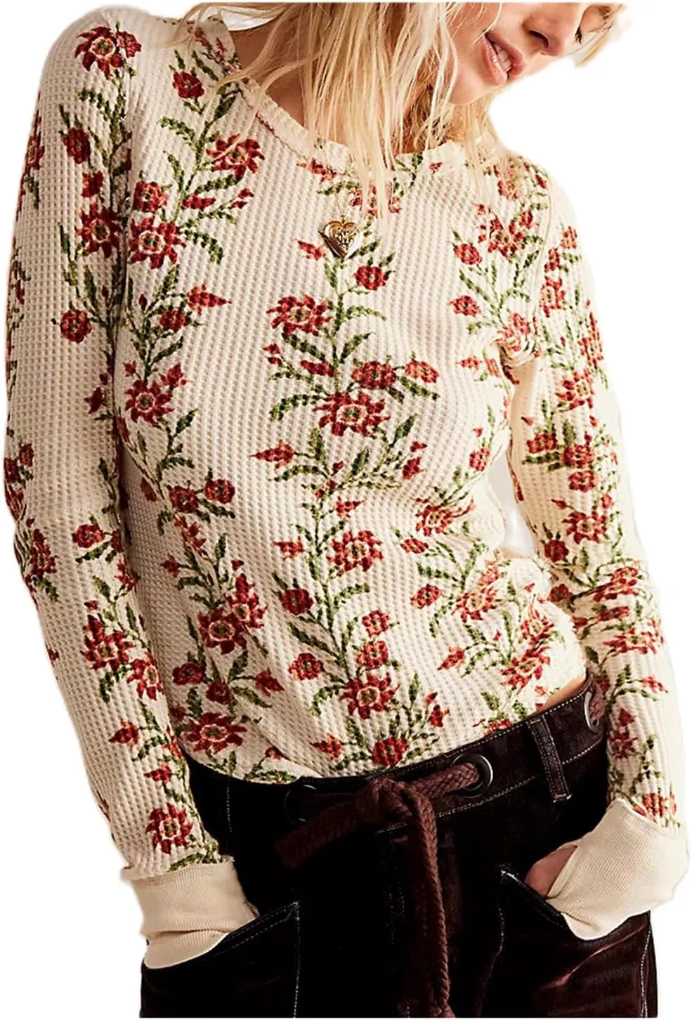 Fairy Grunge Shirts for Women Long Sleeve Floral Print Waffle Ribbed Knit Top Y2k Slim Fit Cute Crewneck Streetwear