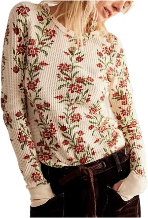 Fairy Grunge Shirts for Women Long Sleeve Floral Print Waffle Ribbed Knit Top Y2k Slim Fit Cute Crewneck Streetwear
