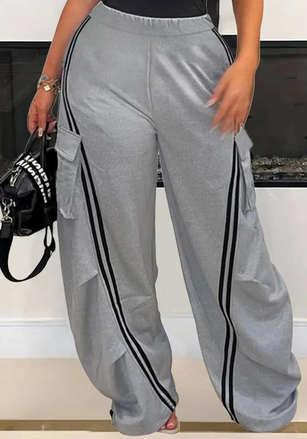 Famnbro Women's Cargo Sweatpants Striped Baggy Y2k Sweat Pants High Waist Straight Wide Leg Track Pants