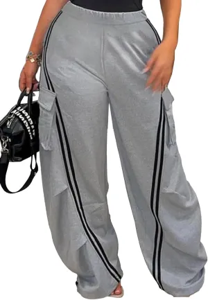 Famnbro Women's Cargo Sweatpants Striped Baggy Y2k Sweat Pants High Waist Straight Wide Leg Track Pants