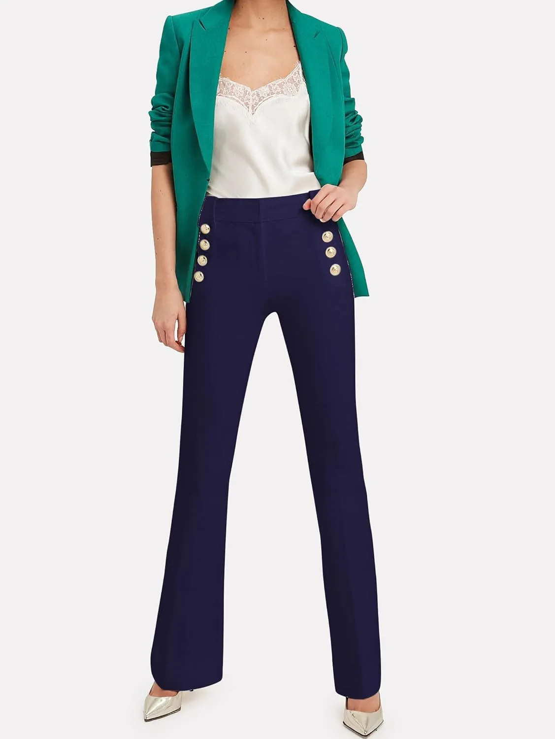 Famulily Womens Classy High Waist Double Breasted Flared Sailor Trousers Pants with Hide Zipper