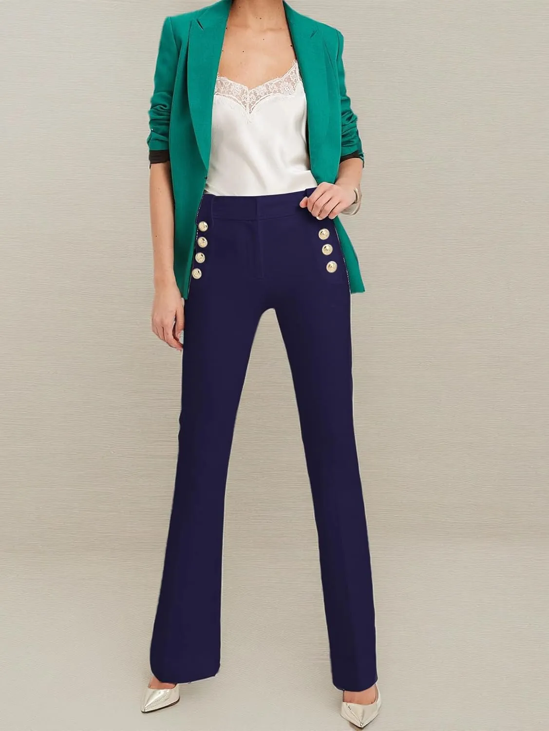 Famulily Womens Classy High Waist Double Breasted Flared Sailor Trousers Pants with Hide Zipper