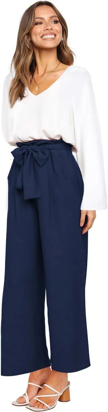 FANCYINN Womens 2 Piece Outfit Set V Neck Long Sleeves Tops High Waisted Paper Bag Pants with Belt