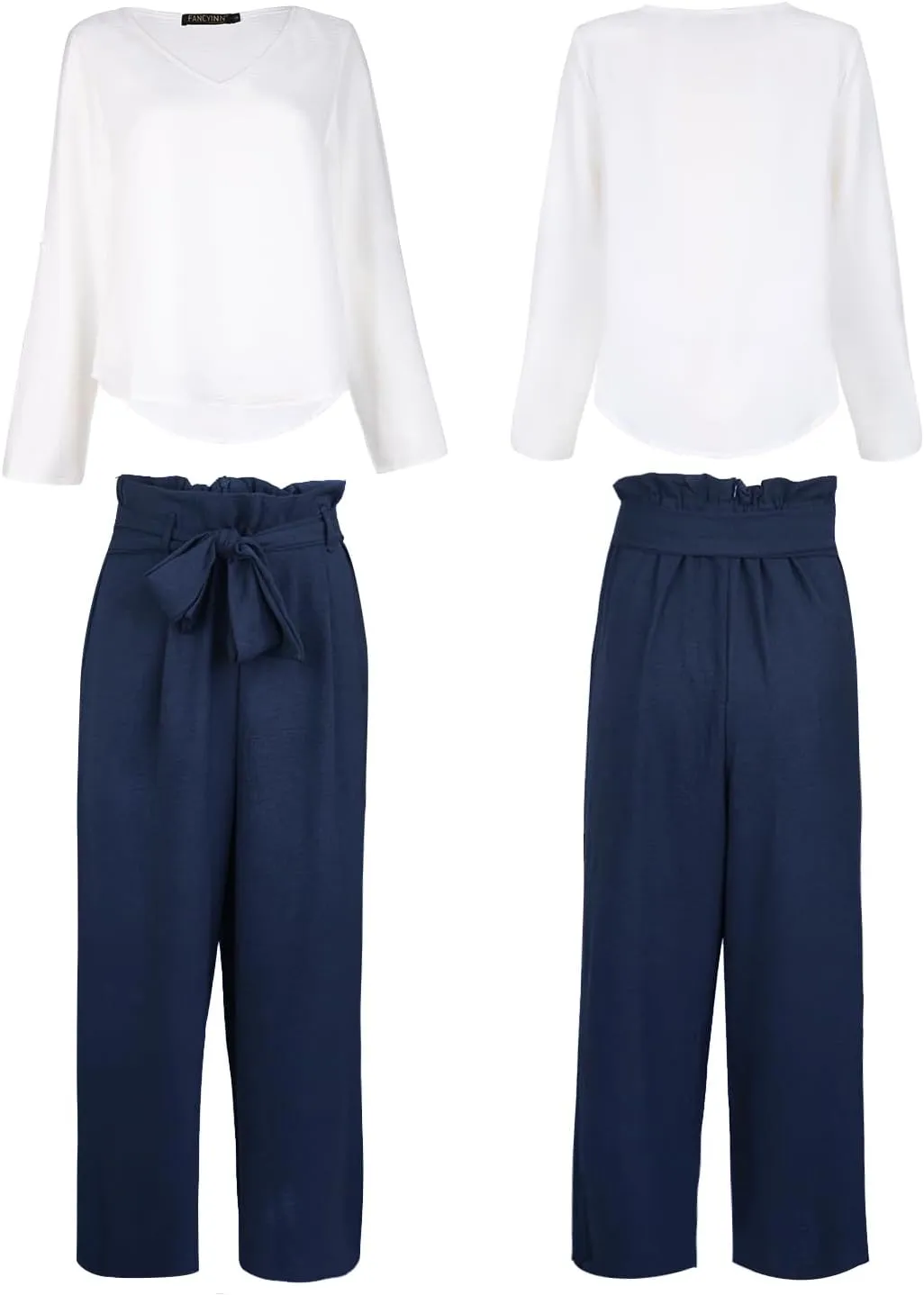 FANCYINN Womens 2 Piece Outfit Set V Neck Long Sleeves Tops High Waisted Paper Bag Pants with Belt