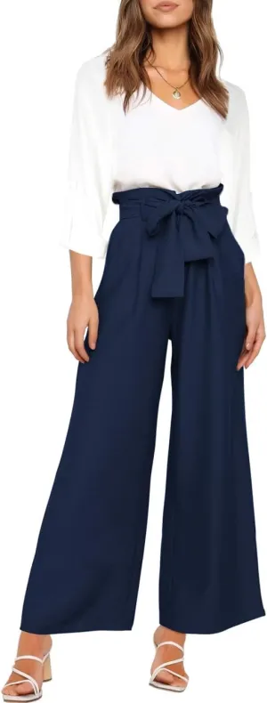 FANCYINN Womens 2 Piece Outfit Set V Neck Long Sleeves Tops High Waisted Paper Bag Pants with Belt