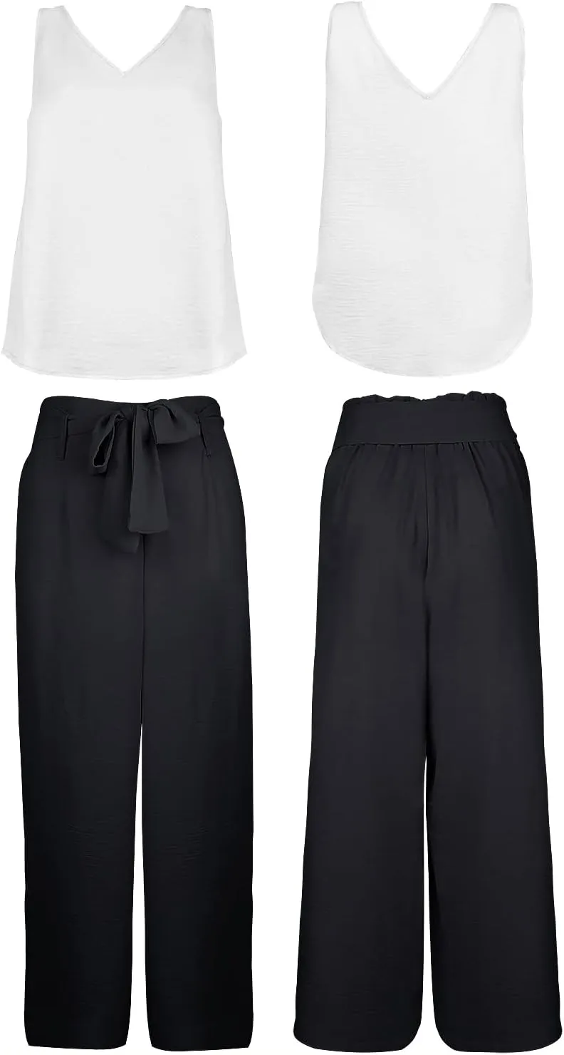 FANCYINN Womens 2 Piece Set V Neck Tank Wide Strap Tops High Waisted Cropped Paper Bag Pants with Belt