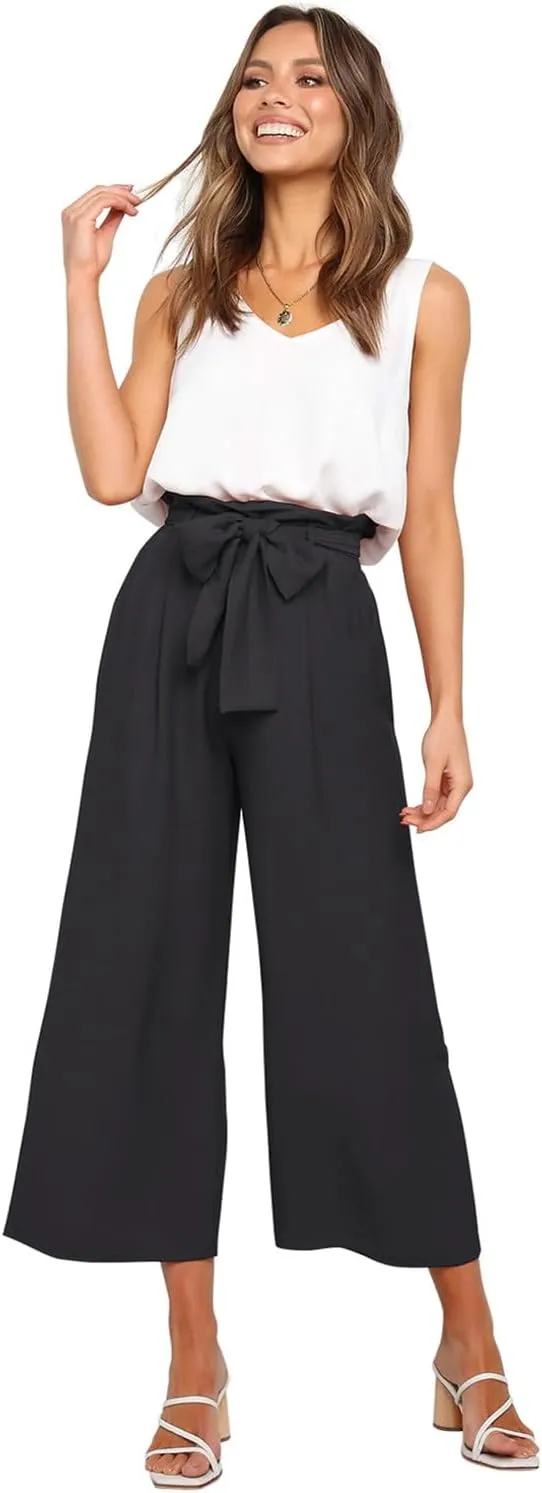 FANCYINN Womens 2 Piece Set V Neck Tank Wide Strap Tops High Waisted Cropped Paper Bag Pants with Belt
