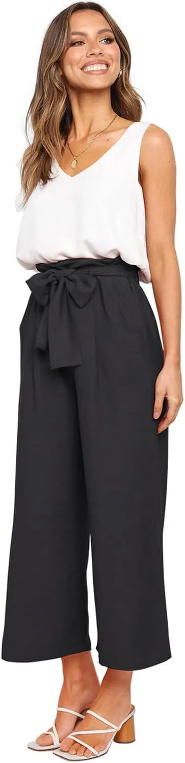 FANCYINN Womens 2 Piece Set V Neck Tank Wide Strap Tops High Waisted Cropped Paper Bag Pants with Belt