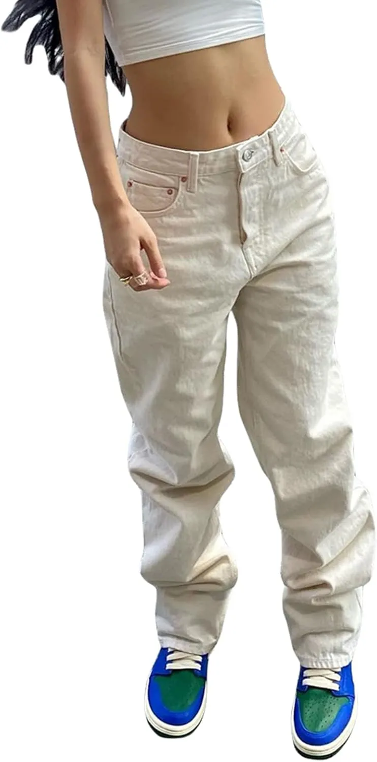 Fanvereka Women Mid-Rise Baggy Jeans Y2K Wide Straight Leg Denim Pants Loose Streetwear Denim Trousers with Side Pockets