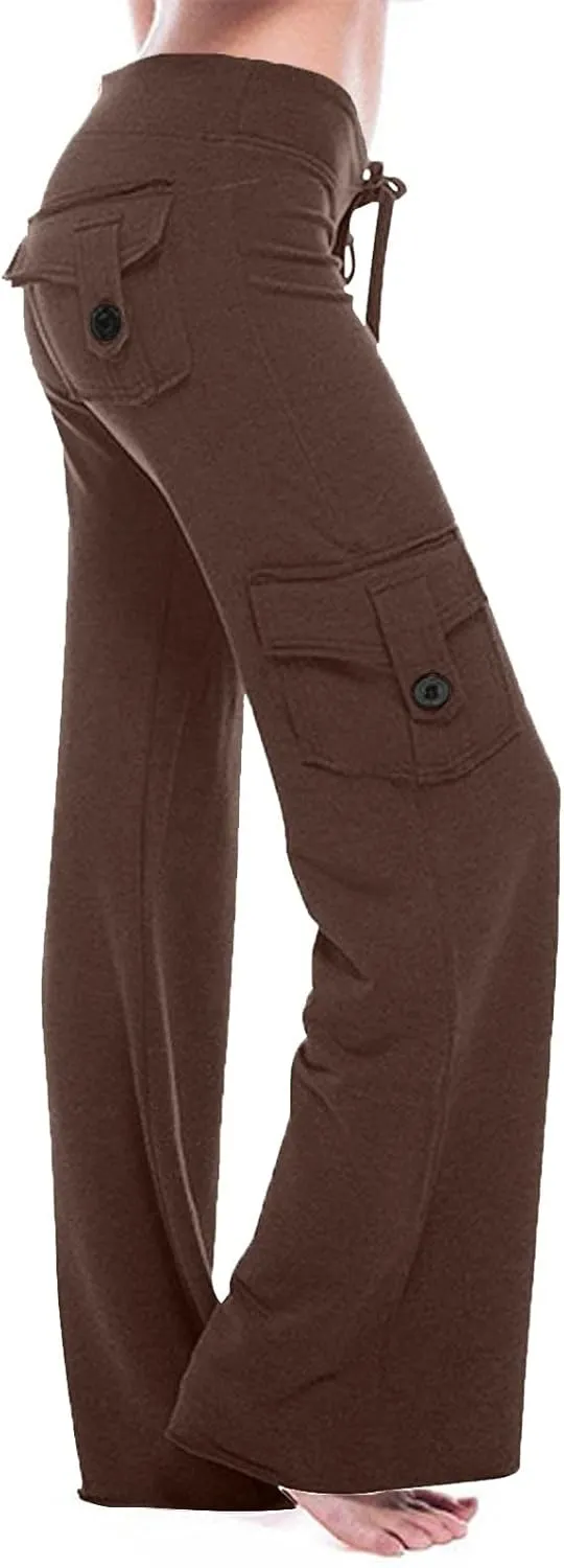 fartey Cargo Pants Women Drawstring High Waist Wide Leg Yoga Pants Baggy Bootcut Workout Gym Trousers with Button Pockets