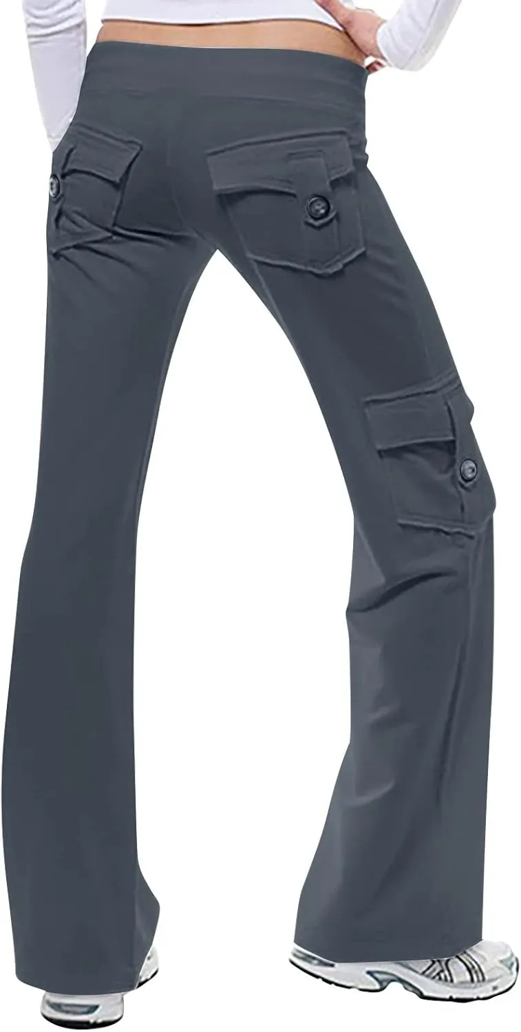 fartey Cargo Pants Women Drawstring High Waist Wide Leg Yoga Pants Baggy Bootcut Workout Gym Trousers with Button Pockets