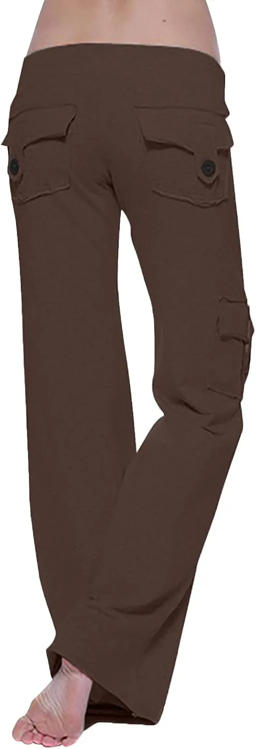 fartey Cargo Pants Women Drawstring High Waist Wide Leg Yoga Pants Baggy Bootcut Workout Gym Trousers with Button Pockets