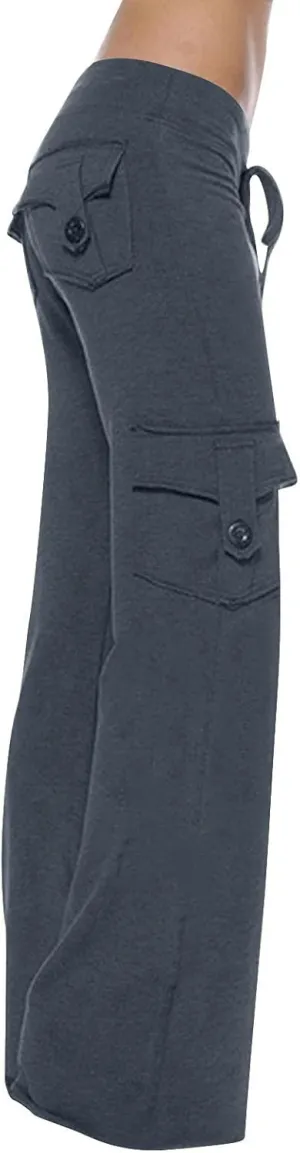fartey Cargo Pants Women Drawstring High Waist Wide Leg Yoga Pants Baggy Bootcut Workout Gym Trousers with Button Pockets