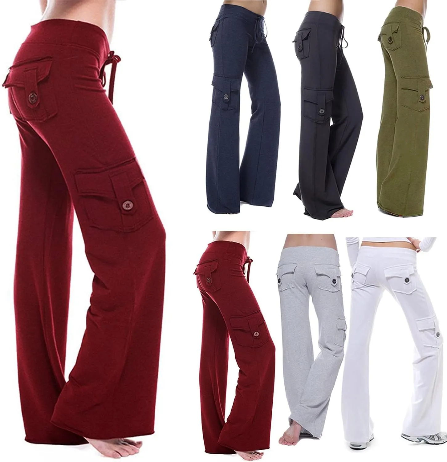 fartey Cargo Pants Women Drawstring High Waist Wide Leg Yoga Pants Baggy Bootcut Workout Gym Trousers with Button Pockets