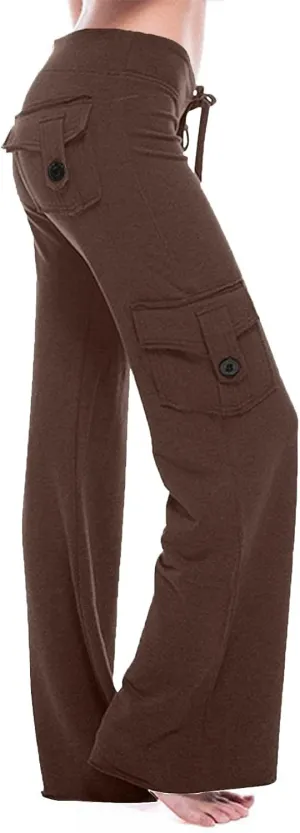 fartey Cargo Pants Women Drawstring High Waist Wide Leg Yoga Pants Baggy Bootcut Workout Gym Trousers with Button Pockets