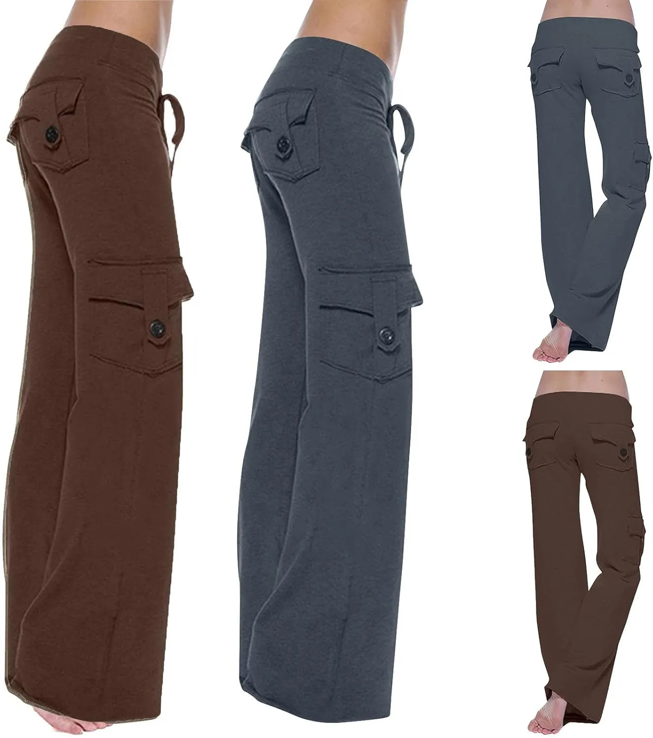 fartey Cargo Pants Women Drawstring High Waist Wide Leg Yoga Pants Baggy Bootcut Workout Gym Trousers with Button Pockets