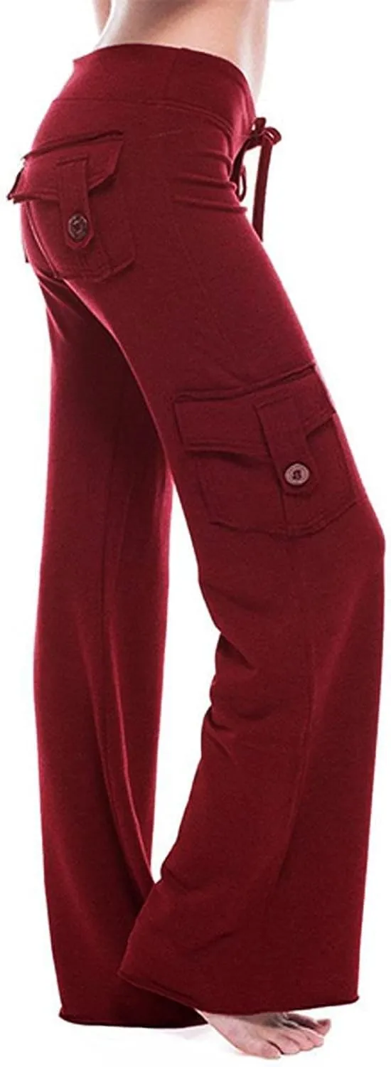 fartey Cargo Pants Women Drawstring High Waist Wide Leg Yoga Pants Baggy Bootcut Workout Gym Trousers with Button Pockets