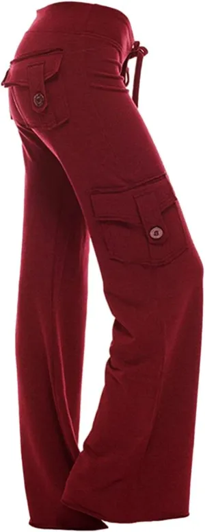 fartey Cargo Pants Women Drawstring High Waist Wide Leg Yoga Pants Baggy Bootcut Workout Gym Trousers with Button Pockets