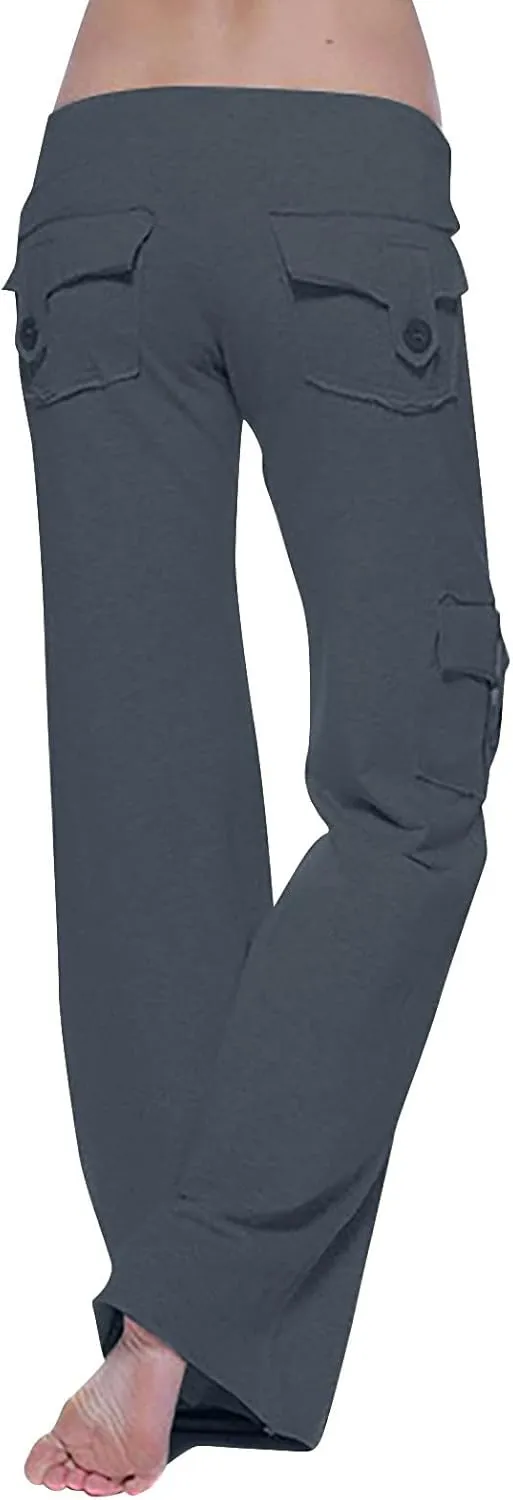 fartey Cargo Pants Women Drawstring High Waist Wide Leg Yoga Pants Baggy Bootcut Workout Gym Trousers with Button Pockets