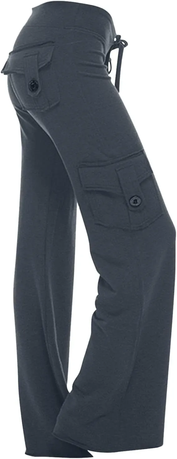fartey Cargo Pants Women Drawstring High Waist Wide Leg Yoga Pants Baggy Bootcut Workout Gym Trousers with Button Pockets