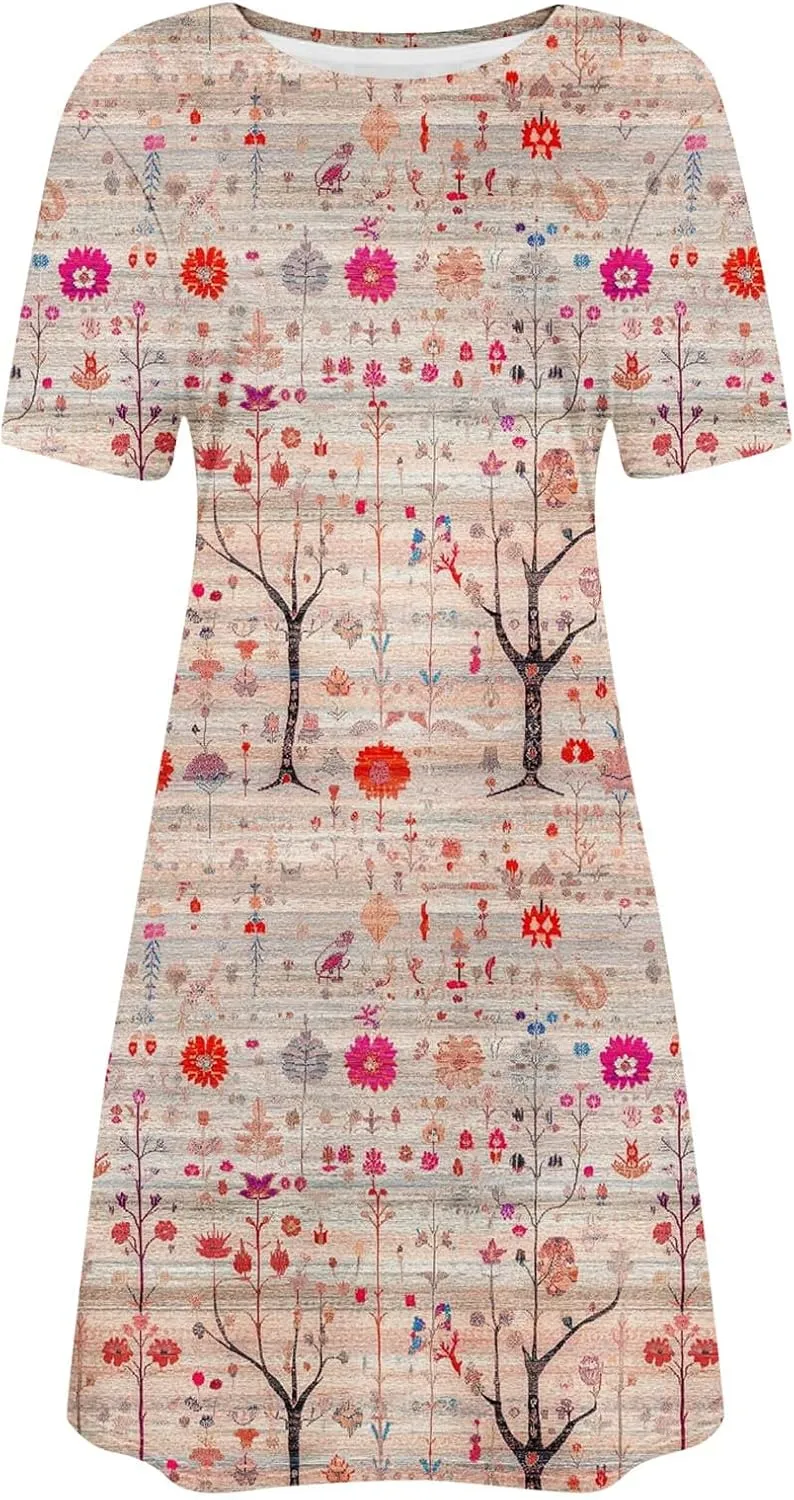 Fashion Summer Dresses for Women's 2025 Trendy Boho Floral Print Dress Dressy Casual Flowy Short Mini Tshirt Sundress