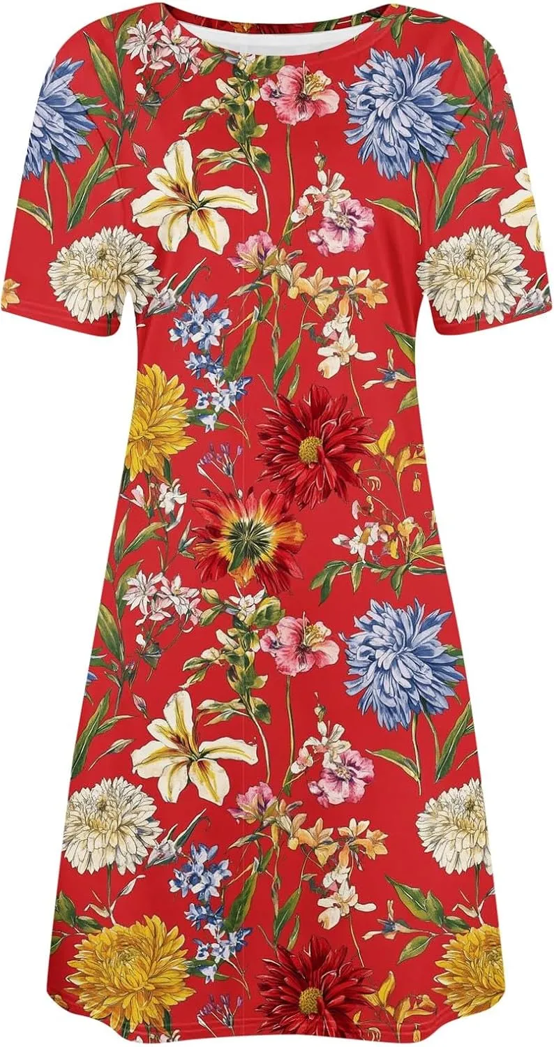 Fashion Summer Dresses for Women's 2025 Trendy Boho Floral Print Dress Dressy Casual Flowy Short Mini Tshirt Sundress