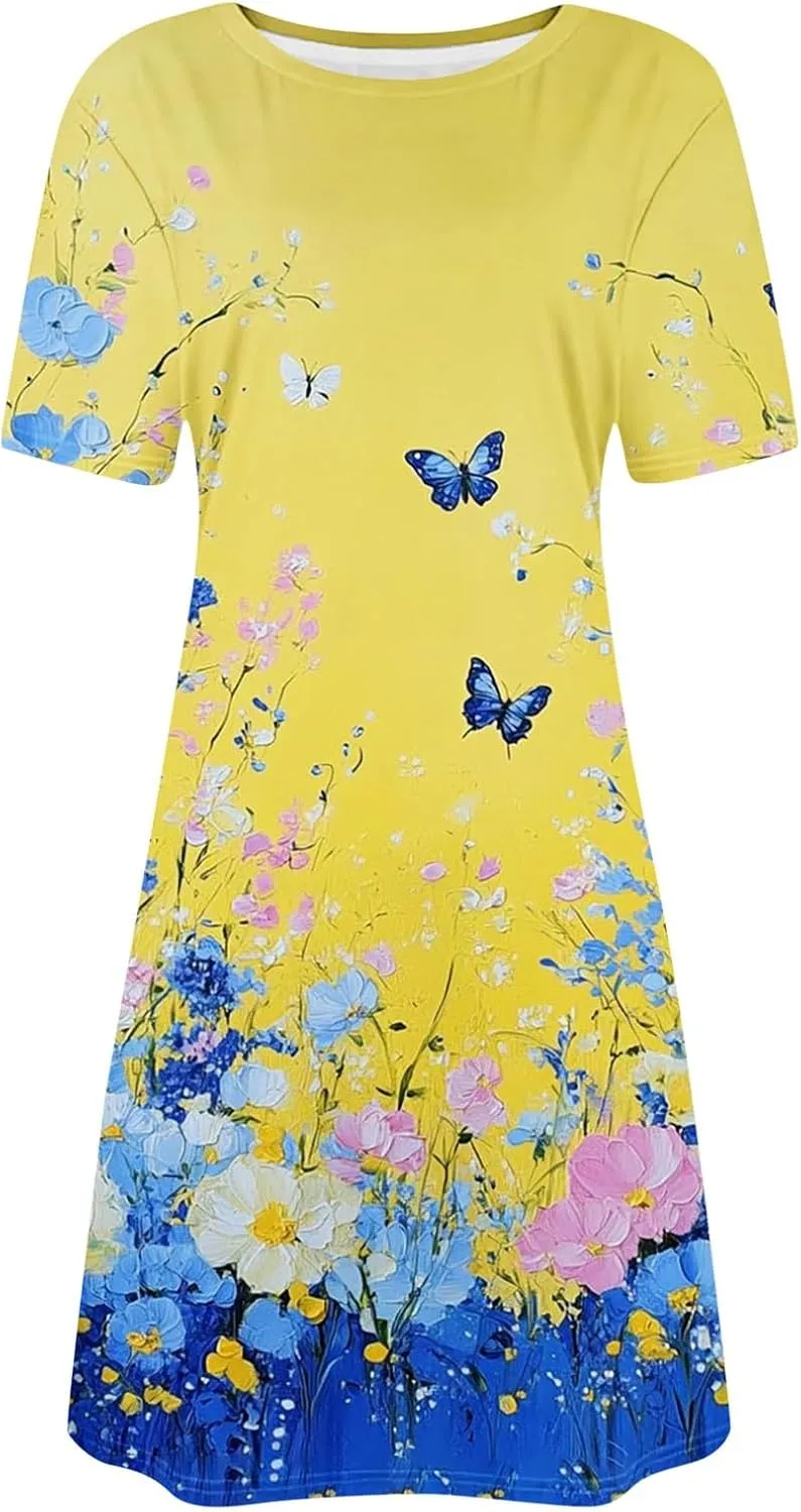 Fashion Summer Dresses for Women's 2025 Trendy Boho Floral Print Dress Dressy Casual Flowy Short Mini Tshirt Sundress
