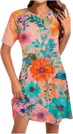 Fashion Summer Dresses for Women's 2025 Trendy Boho Floral Print Dress Dressy Casual Flowy Short Mini Tshirt Sundress