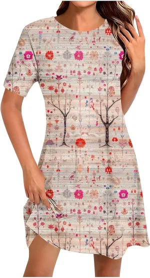 Fashion Summer Dresses for Women's 2025 Trendy Boho Floral Print Dress Dressy Casual Flowy Short Mini Tshirt Sundress
