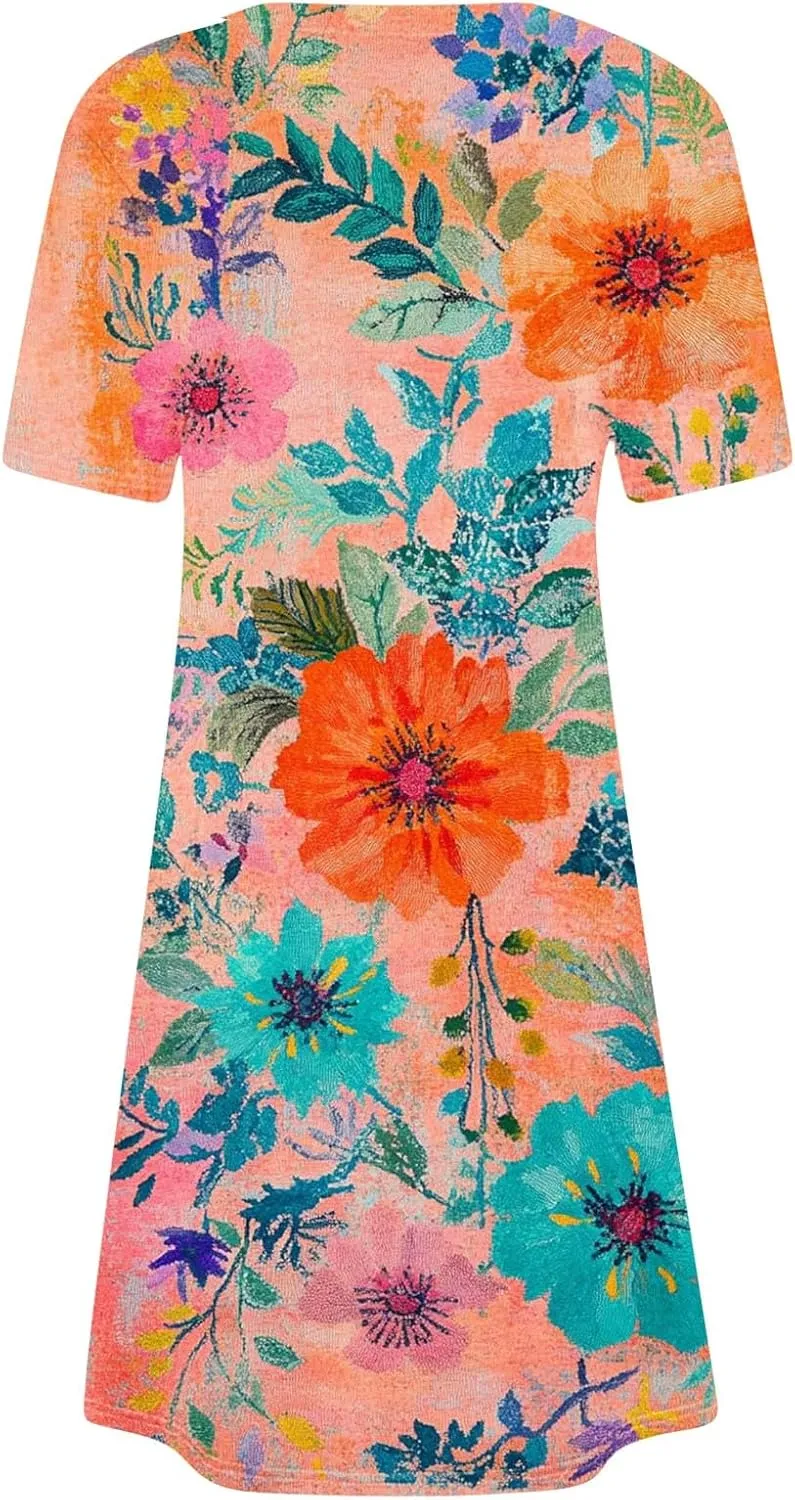 Fashion Summer Dresses for Women's 2025 Trendy Boho Floral Print Dress Dressy Casual Flowy Short Mini Tshirt Sundress