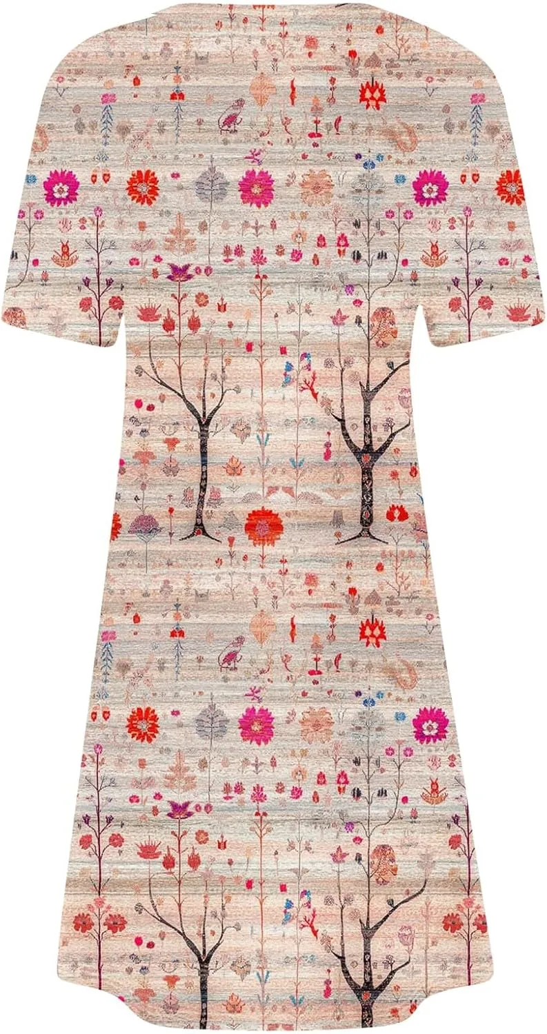 Fashion Summer Dresses for Women's 2025 Trendy Boho Floral Print Dress Dressy Casual Flowy Short Mini Tshirt Sundress