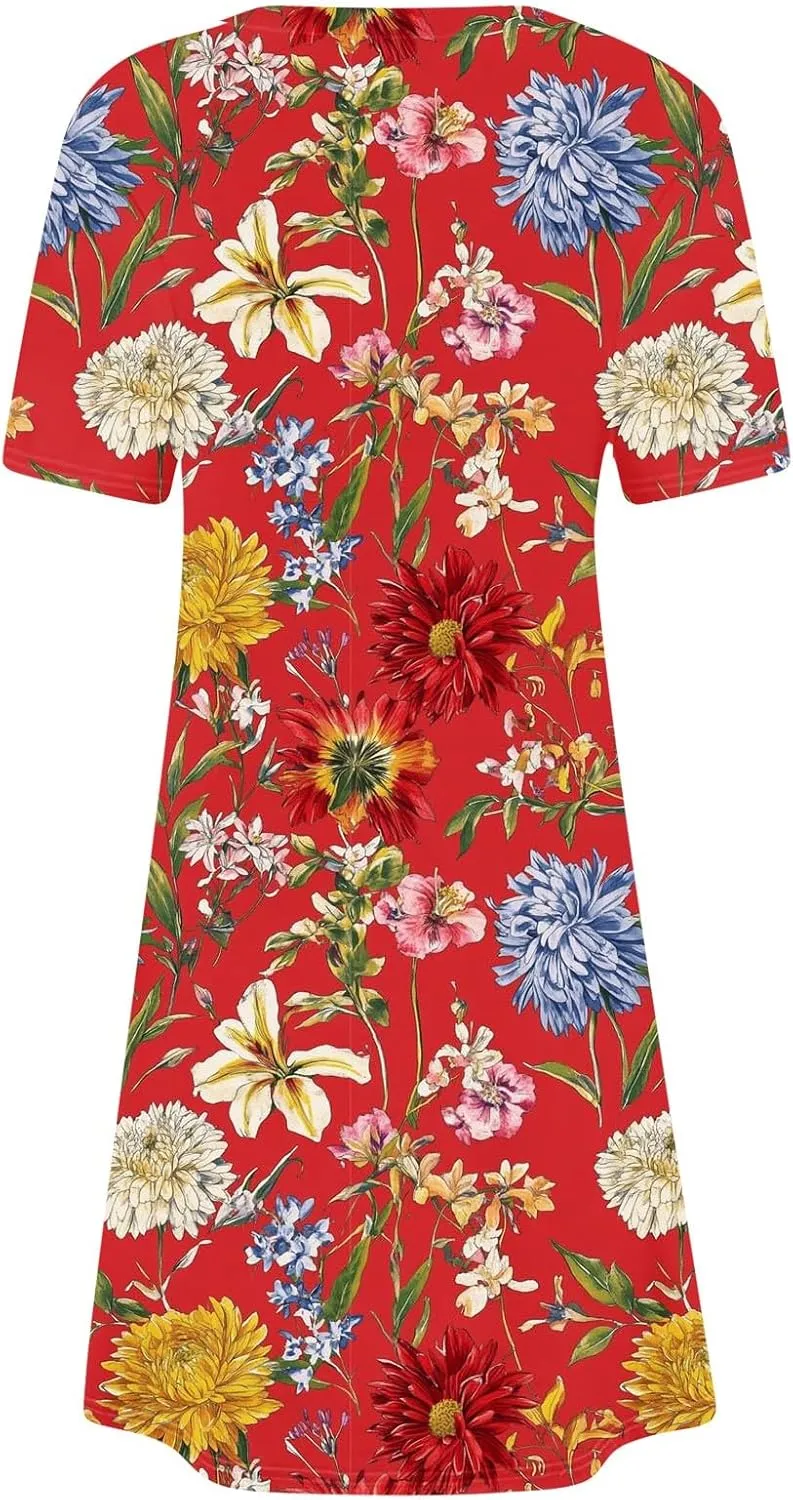 Fashion Summer Dresses for Women's 2025 Trendy Boho Floral Print Dress Dressy Casual Flowy Short Mini Tshirt Sundress