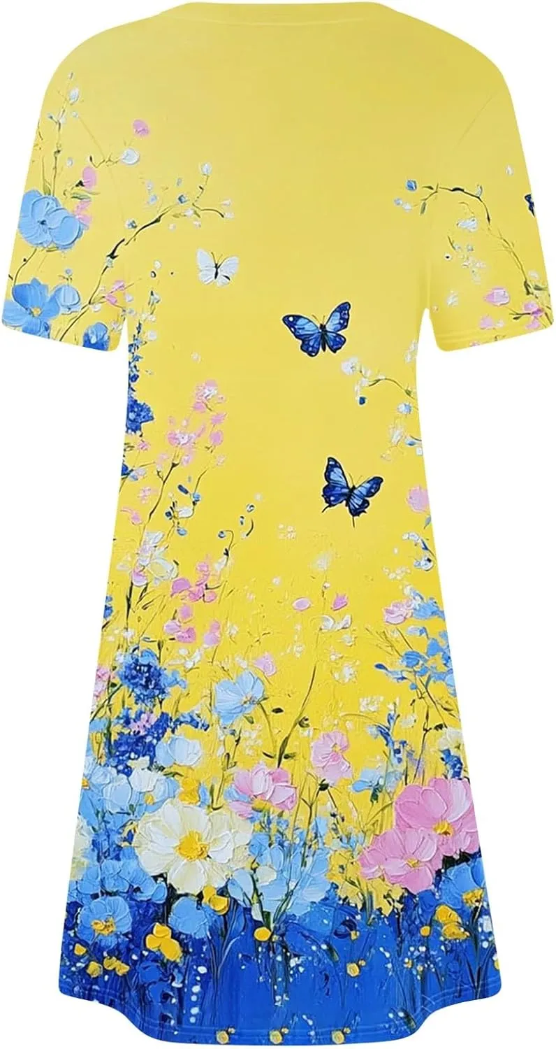 Fashion Summer Dresses for Women's 2025 Trendy Boho Floral Print Dress Dressy Casual Flowy Short Mini Tshirt Sundress