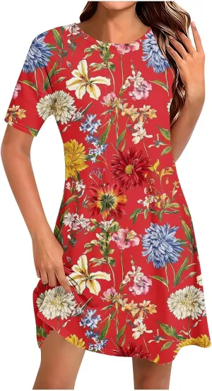 Fashion Summer Dresses for Women's 2025 Trendy Boho Floral Print Dress Dressy Casual Flowy Short Mini Tshirt Sundress