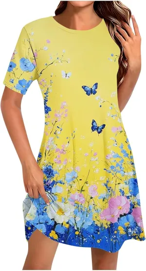 Fashion Summer Dresses for Women's 2025 Trendy Boho Floral Print Dress Dressy Casual Flowy Short Mini Tshirt Sundress