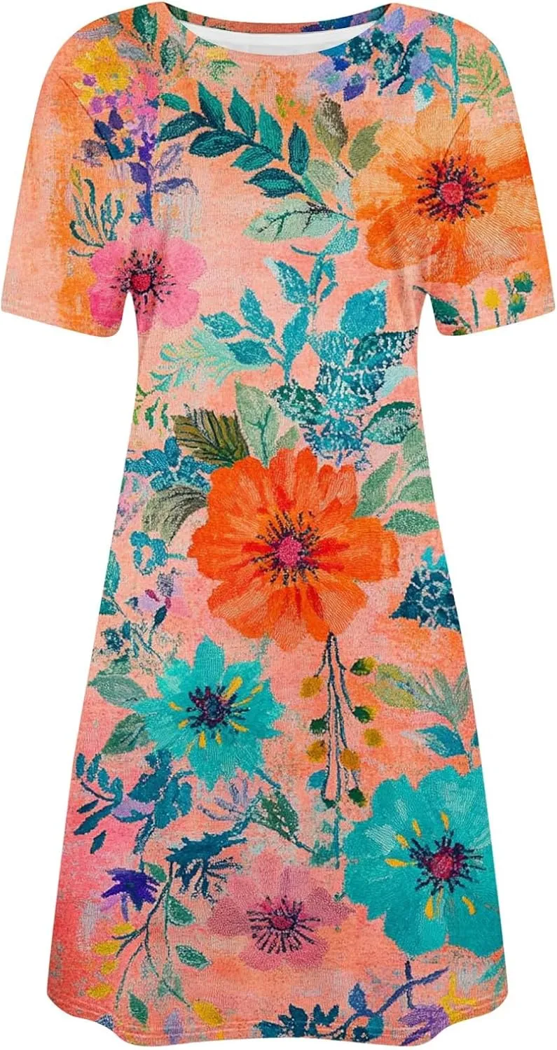 Fashion Summer Dresses for Women's 2025 Trendy Boho Floral Print Dress Dressy Casual Flowy Short Mini Tshirt Sundress