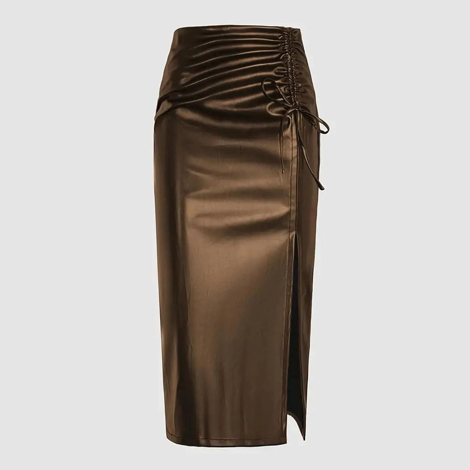 Faux Leather Pencil Skirt High Waist Split Lady's Half Body Midi Hip Skirt Wear to Work Ruched Wrap Skirts for Women