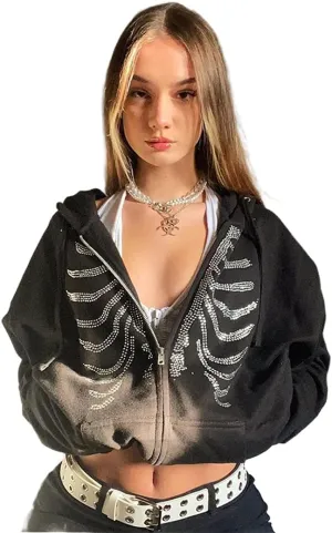 Fernvia Women Zip Up Hoodie Rhinestone Skeleton Goth Clothes Vintage Oversized Sweatshirt Print Jacket Streetwear Coat