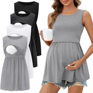 Ficerd 4 Pack Women's Maternity Nursing Tank Tops for Breastfeeding Cotton Round Neck Sleeveless Shirts Pregnancy Clothes