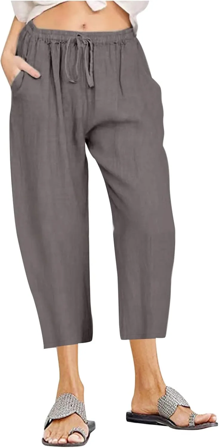 Firzero Linen Pants for Women 2024 Summer Beach Capris Sweatpants Elastic High Waist Yoga Pants Cropped Lounge Pants
