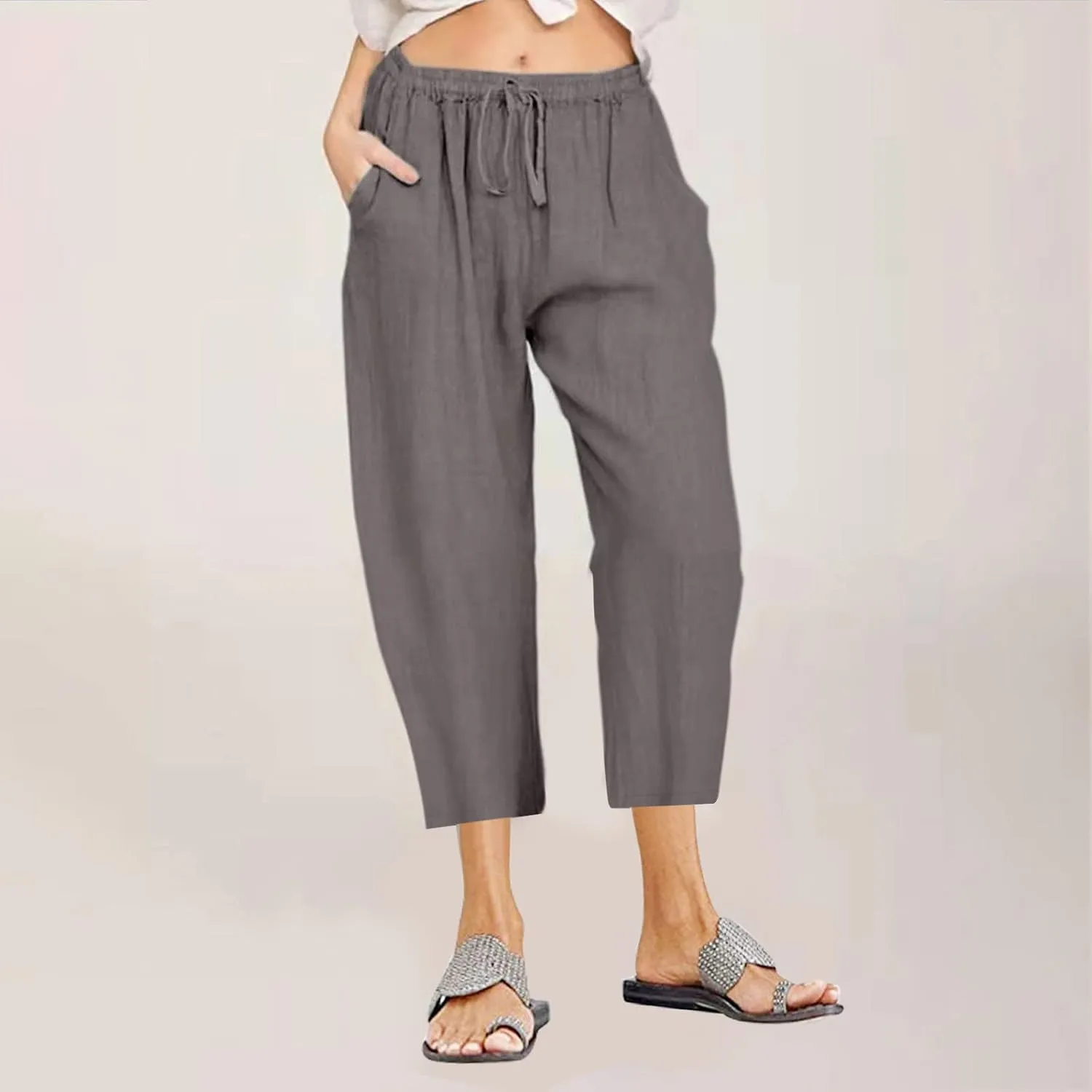 Firzero Linen Pants for Women 2024 Summer Beach Capris Sweatpants Elastic High Waist Yoga Pants Cropped Lounge Pants